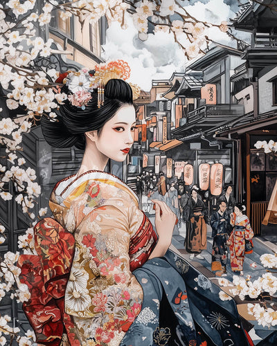Diamond Painting - Geisha in een Vintage Straat reeds ingelijst