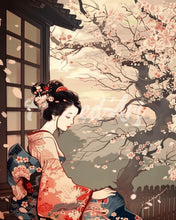 Afbeelding in Gallery-weergave laden, Diamond Painting - Vintage Kimono Dame en Sakura reeds ingelijst