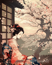 Afbeelding in Gallery-weergave laden, Diamond Painting - Vintage Kimono Dame en Sakura reeds ingelijst
