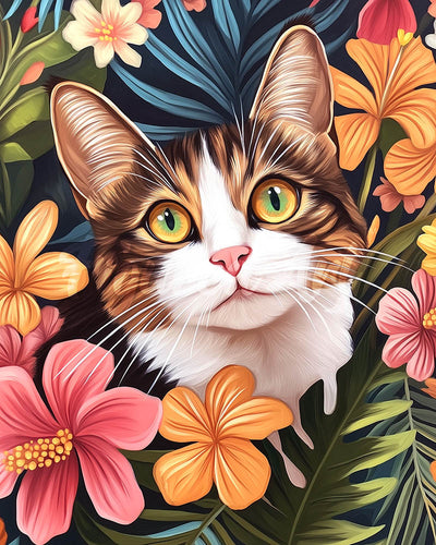 Diamond Painting - Kat met tropische bloemen