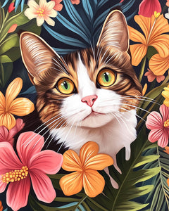 Diamond Painting - Kat met tropische bloemen