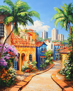 Diamond Painting - Tropisch heuvelstadje