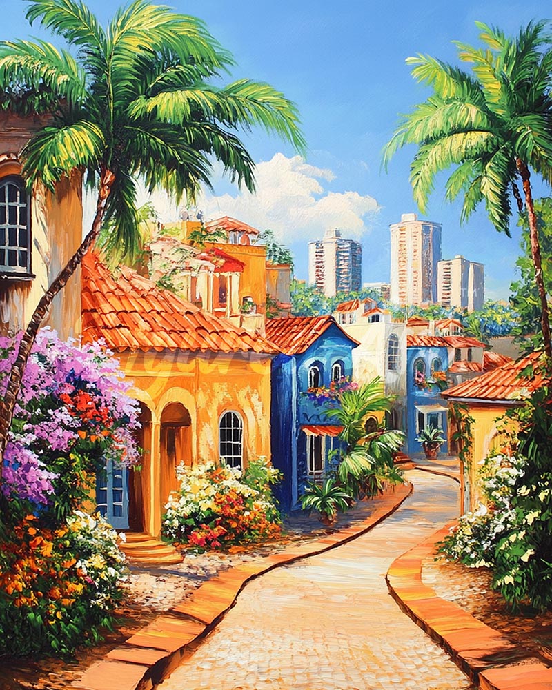 Diamond Painting - Tropisch heuvelstadje