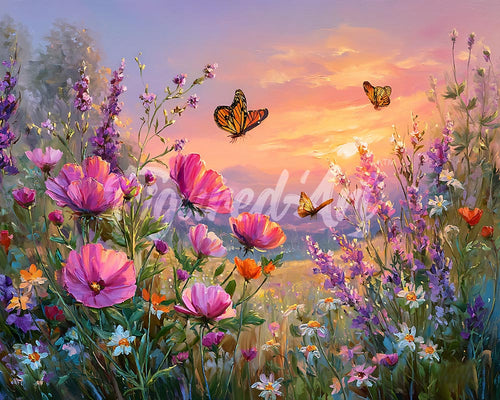 Diamond Painting - Zonsondergang tussen de Bloemen