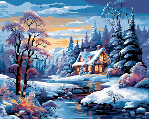 Diamond Painting - Winterhuisje aan de Rivier