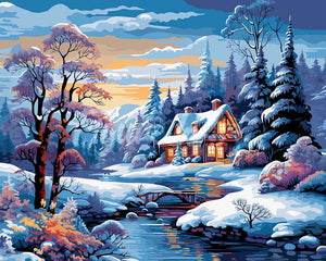 Diamond Painting - Winterhuisje aan de Rivier