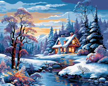 Afbeelding in Gallery-weergave laden, Diamond Painting - Winterhuisje aan de Rivier 40x50cm reeds ingelijst
