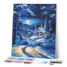 Afbeelding in Gallery-weergave laden, Diamond Painting - Winterhuisje bij Maanlicht