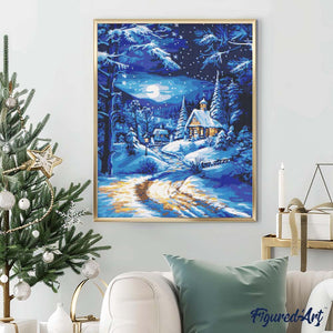 Diamond Painting - Winterhuisje bij Maanlicht