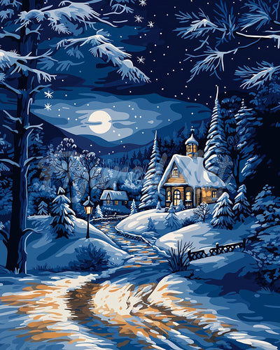 Diamond Painting - Winterhuisje bij Maanlicht