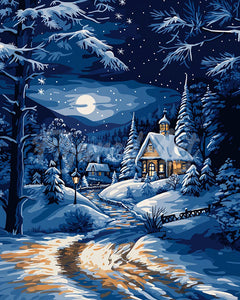 Diamond Painting - Winterhuisje bij Maanlicht