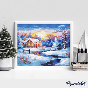 Diamond Painting - Winterhuisje bij Zonsondergang