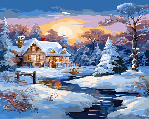 Diamond Painting - Winterhuisje bij Zonsondergang