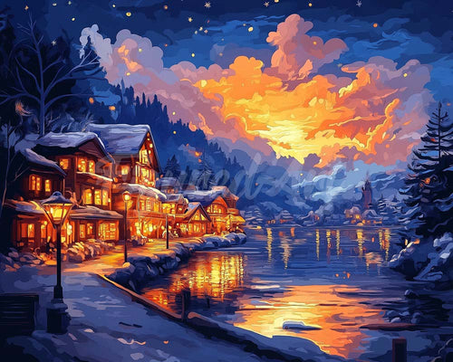 Diamond Painting - Verlicht Dorp aan het Meer