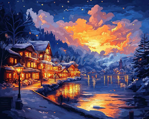Diamond Painting - Verlicht Dorp aan het Meer