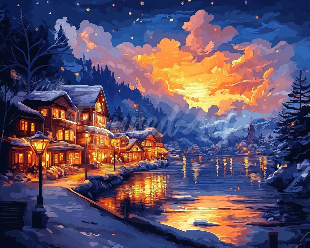 Diamond Painting - Verlicht Dorp aan het Meer