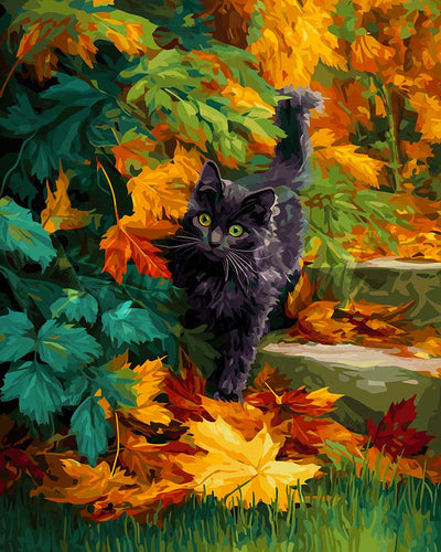 Diamond Painting - Zwarte kat in de herfst