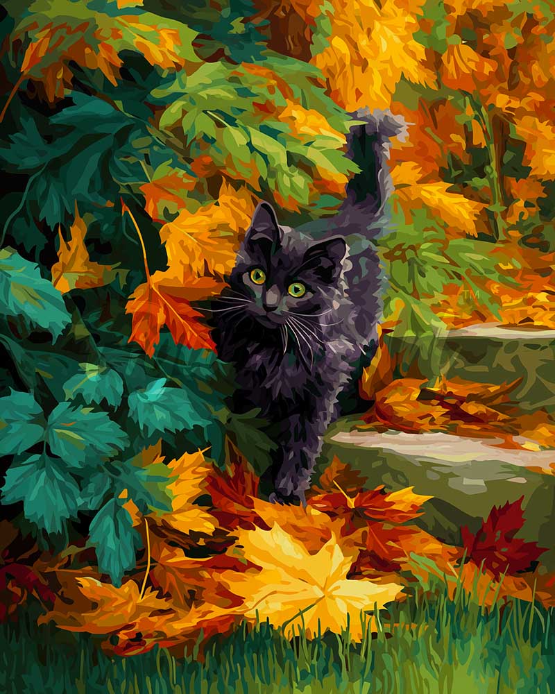 Diamond Painting - Zwarte kat in de herfst