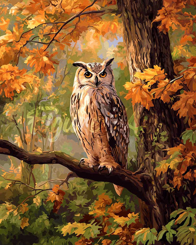 Diamond Painting - Uil tussen gouden bladeren