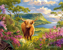Afbeelding in Gallery-weergave laden, Diamond Painting - Schotse Hooglander in de lentevallei