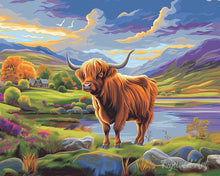 Afbeelding in Gallery-weergave laden, Diamond Painting - Schotse Hooglander onder geschilderde hemel