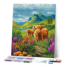 Afbeelding in Gallery-weergave laden, Diamond Painting - Schotse Hooglander in de bloeiende heuvels