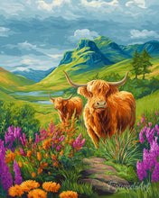 Afbeelding in Gallery-weergave laden, Diamond Painting - Schotse Hooglander in de bloeiende heuvels