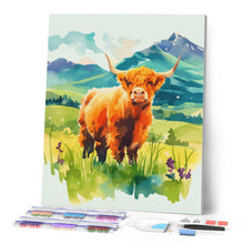 Afbeelding in Gallery-weergave laden, Diamond Painting - Schotse Hooglander in de pastelvallei