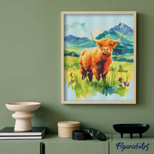 Afbeelding in Gallery-weergave laden, Diamond Painting - Schotse Hooglander in de pastelvallei