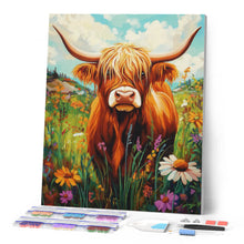 Afbeelding in Gallery-weergave laden, Diamond Painting - Portret van een Schotse Hooglander met wilde bloemen