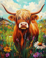 Afbeelding in Gallery-weergave laden, Diamond Painting - Portret van een Schotse Hooglander met wilde bloemen