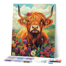 Afbeelding in Gallery-weergave laden, Diamond Painting - Portret van een Schotse Hooglander met bloemen