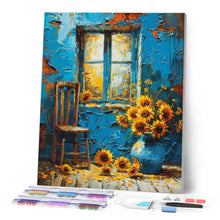 Afbeelding in Gallery-weergave laden, Diamond Painting - Zonnebloemen bij het blauwe raam