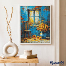 Afbeelding in Gallery-weergave laden, Diamond Painting - Zonnebloemen bij het blauwe raam