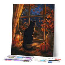 Afbeelding in Gallery-weergave laden, Diamond Painting - Zwarte Kat bij het Pompoenenraam