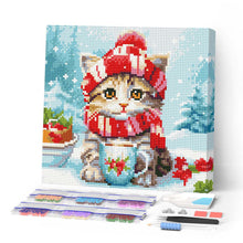Afbeelding in Gallery-weergave laden, Mini Diamond Painting 25x25 cm - Schattige Kat met Rode Sjaal