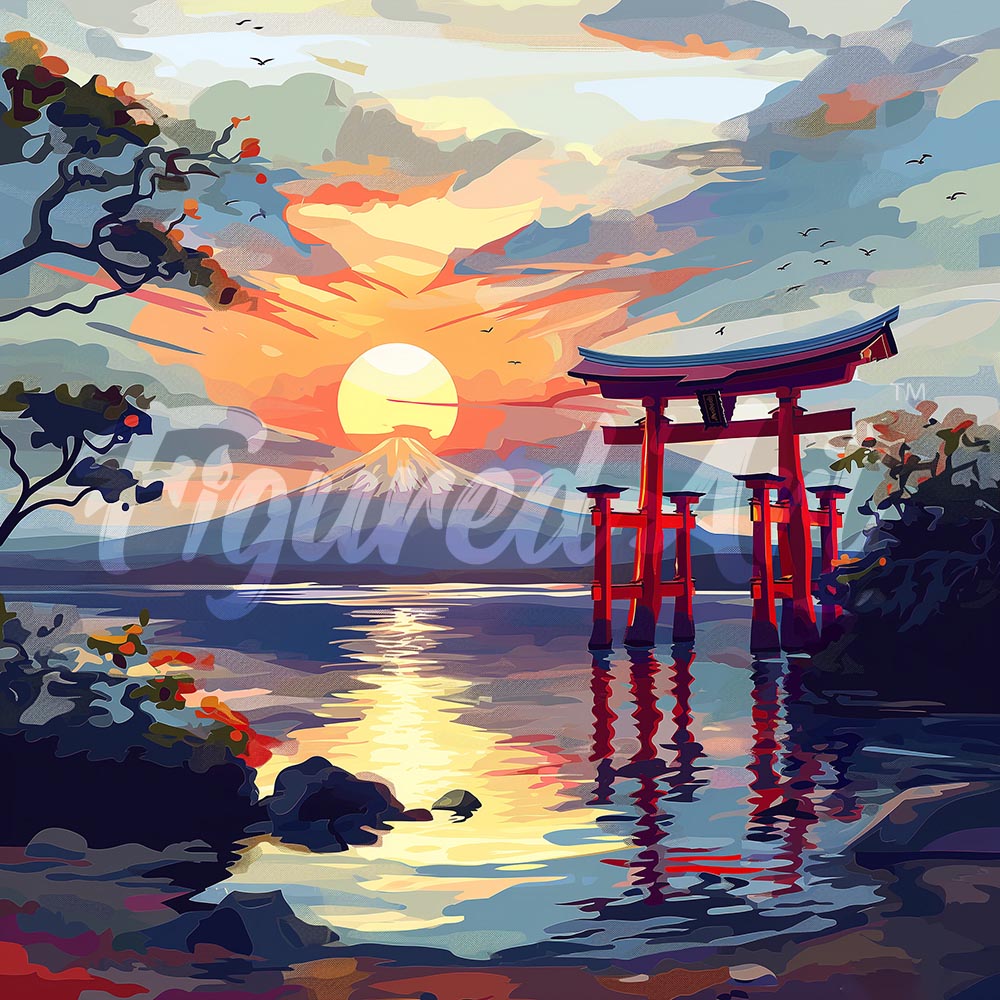 Mini Diamond Painting 25x25 cm - Torii Poort bij Zonsondergang