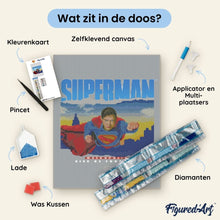 Afbeelding in Gallery-weergave laden, Diamond Painting - Superman met skyline 40x50cm reeds ingelijst