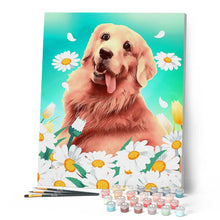Afbeelding in Gallery-weergave laden, Schilderen op Nummer Golden Retriever spelend in de bloemen Figured'Art eenvoudig nieuwkomers dieren honden bloemen