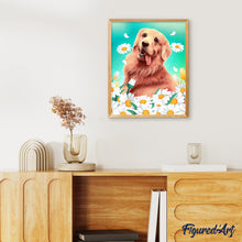 Afbeelding in Gallery-weergave laden, Schilderen op Nummer Golden Retriever spelend in de bloemen Figured'Art eenvoudig nieuwkomers dieren honden bloemen