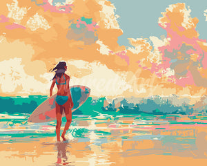 Schilderen op Nummer - Surfer meisje bij zonsopgang