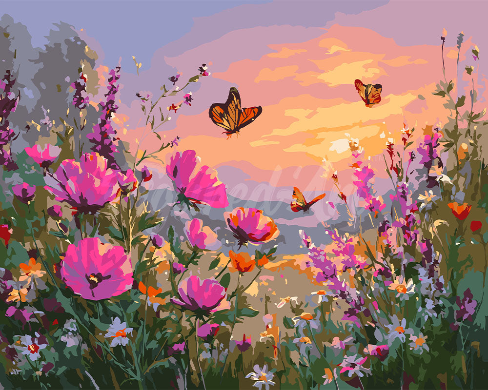 Schilderen op Nummer - Zonsondergang tussen de Bloemen