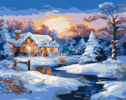 Schilderen op Nummer - Winterhuisje bij Zonsondergang