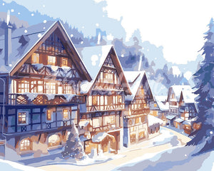 Schilderen op Nummer - Besneeuwd Dorp in Aquarel