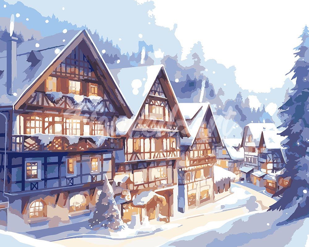 Schilderen op Nummer - Besneeuwd Dorp in Aquarel