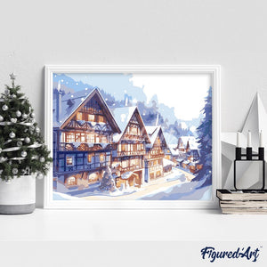 Schilderen op Nummer - Besneeuwd Dorp in Aquarel