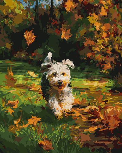 Schilderen op Nummer - Vrolijke pup in de herfst