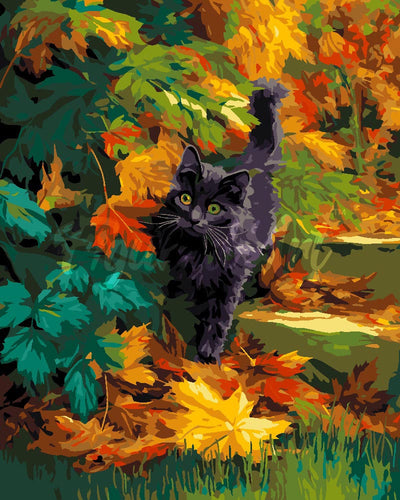 Schilderen op Nummer - Zwarte kat in de herfst