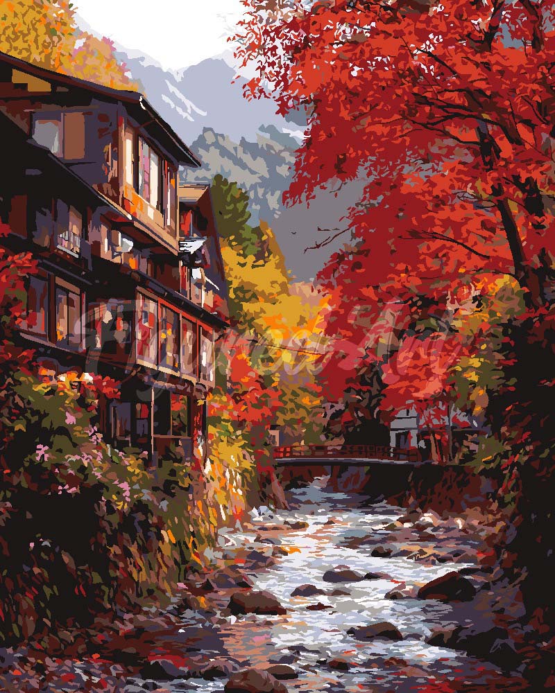 Schilderen op Nummer - Herfstdorp in Nikkō Japan
