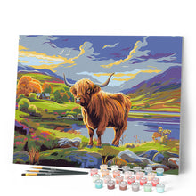 Afbeelding in Gallery-weergave laden, Schilderen op Nummer - Schotse Hooglander onder geschilderde hemel